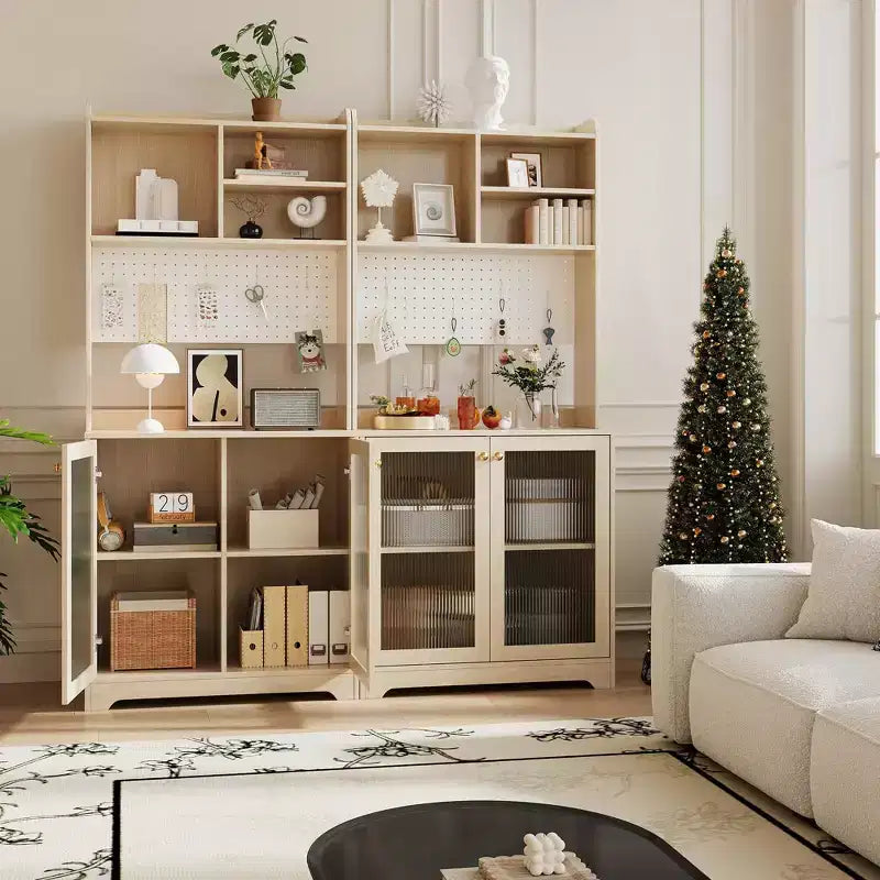 Dispensa alta 71" con 2 ante in vetro e ripiani regolabili, mobile contenitore moderno in stile rustico per cucina, sala da pranzo e soggiorno