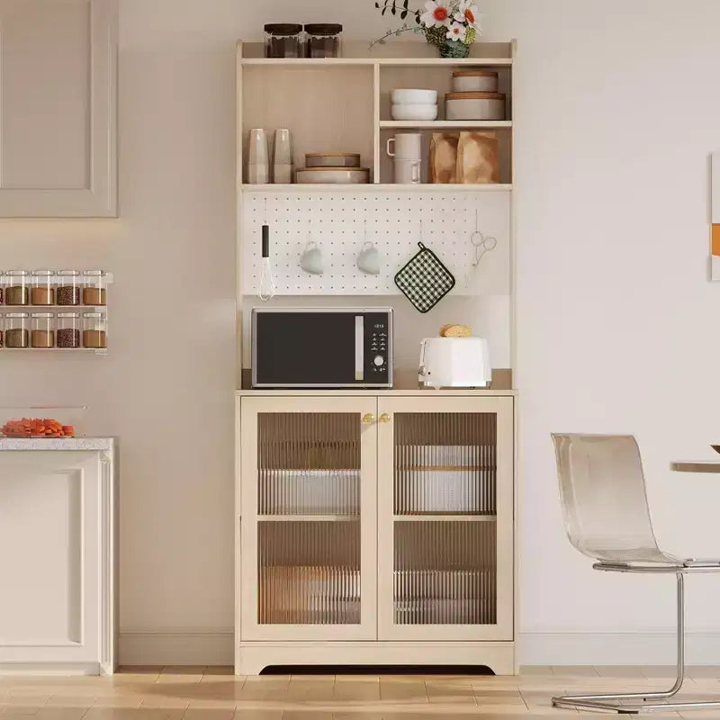 Dispensa alta 71" con 2 ante in vetro e ripiani regolabili, mobile contenitore moderno in stile rustico per cucina, sala da pranzo e soggiorno