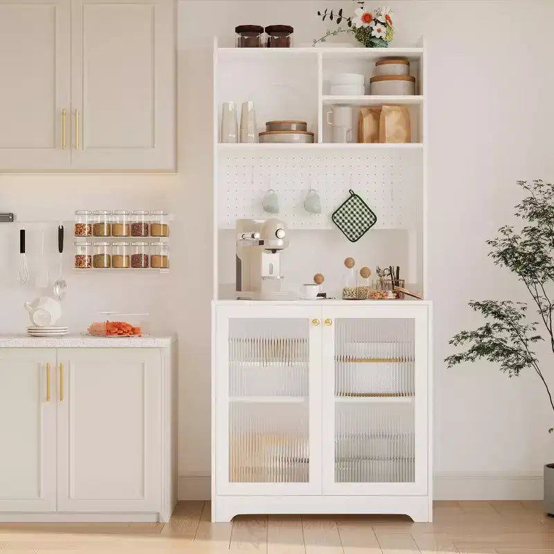 Dispensa alta 71" con 2 ante in vetro e ripiani regolabili, mobile contenitore moderno in stile rustico per cucina, sala da pranzo e soggiorno