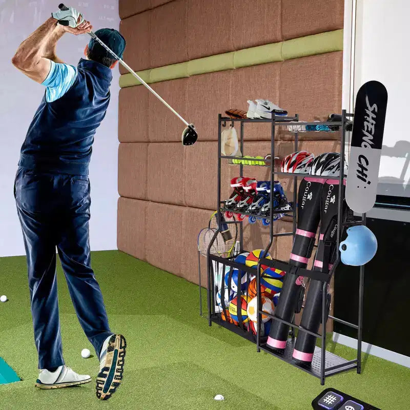 Organizzatore da Garage per Attrezzatura da Golf, Porta 2 Sacche da Golf con Cesti, Ganci e Ripiani per Attrezzature Sportive