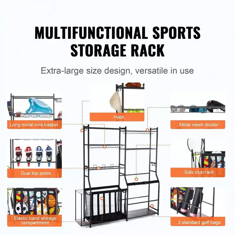 Organizzatore da Garage per Attrezzatura da Golf, Porta 2 Sacche da Golf con Cesti, Ganci e Ripiani per Attrezzature Sportive