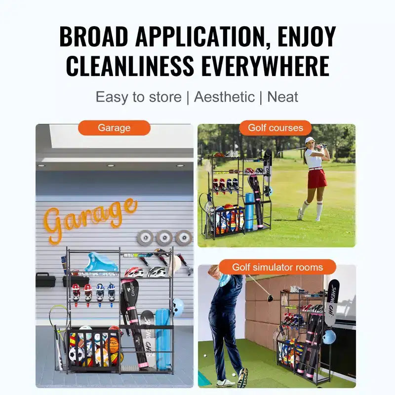 Organizzatore da Garage per Attrezzatura da Golf, Porta 2 Sacche da Golf con Cesti, Ganci e Ripiani per Attrezzature Sportive