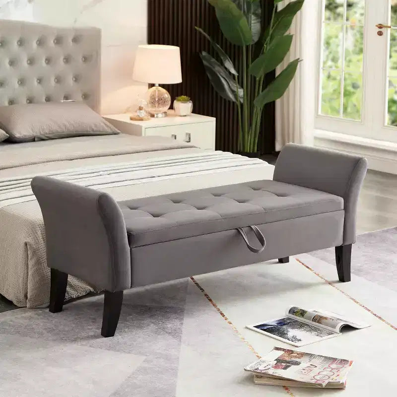 Panca contenitore in velluto trapuntato con gambe in legno massello, pouf multiuso per camera da letto e corridoio, grigio