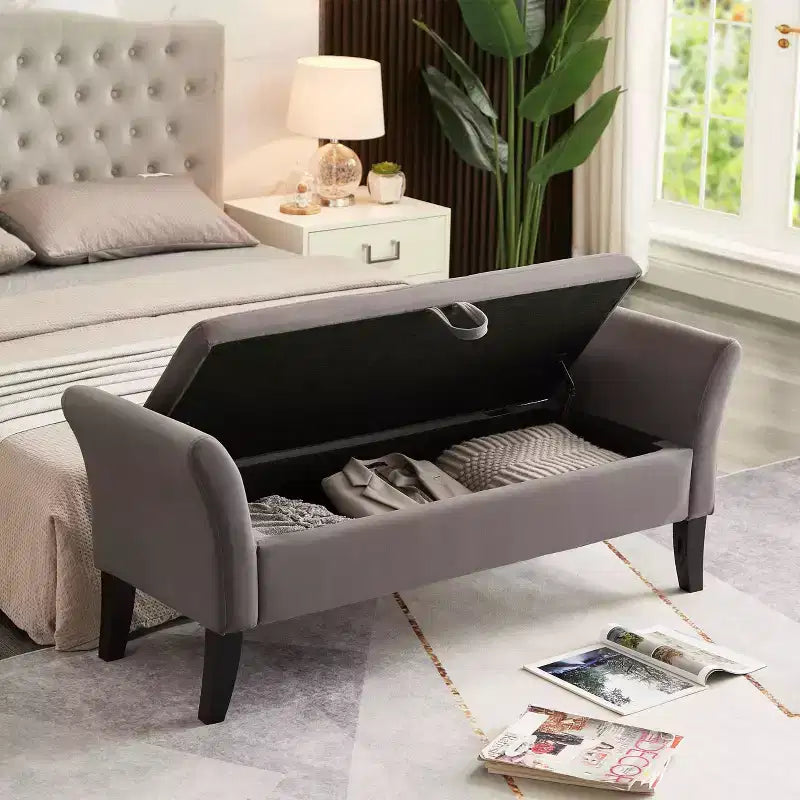 Panca contenitore in velluto trapuntato con gambe in legno massello, pouf multiuso per camera da letto e corridoio, grigio