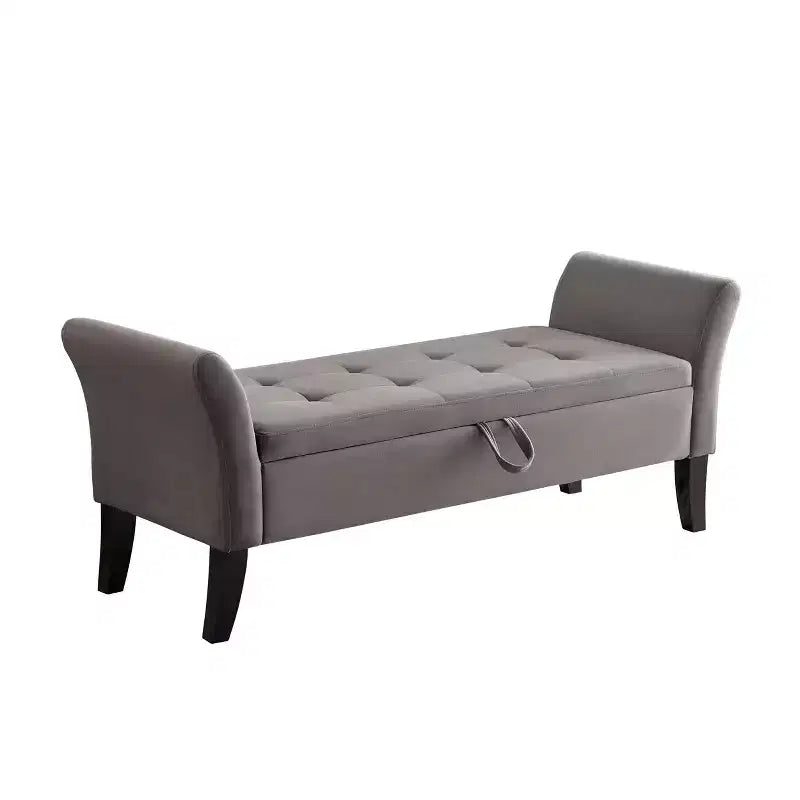 Panca contenitore in velluto trapuntato con gambe in legno massello, pouf multiuso per camera da letto e corridoio, grigio
