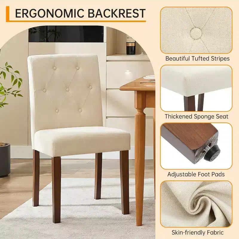 Dining Chairs Set of 4, Button Tufted Parsons Chairs with Wood Legs and Padded Seat, Modern Fabric Side Chairs for Dining Room Kitchen, White