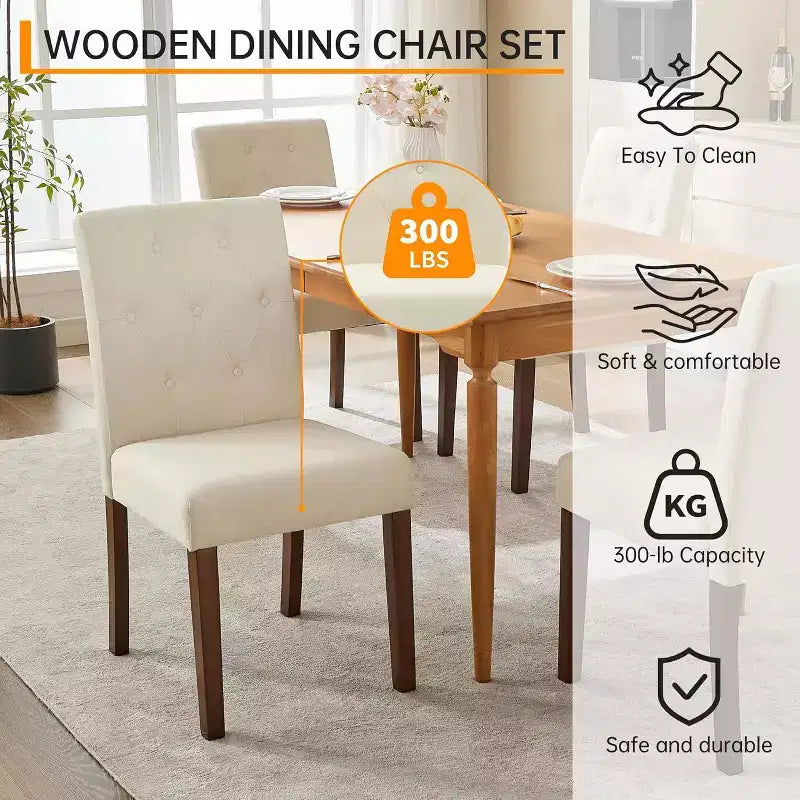 Set di 4 sedie da pranzo, sedie Parsons con bottoni trapuntati, gambe in legno e seduta imbottita, sedie laterali moderne in tessuto per sala da pranzo e cucina, bianco