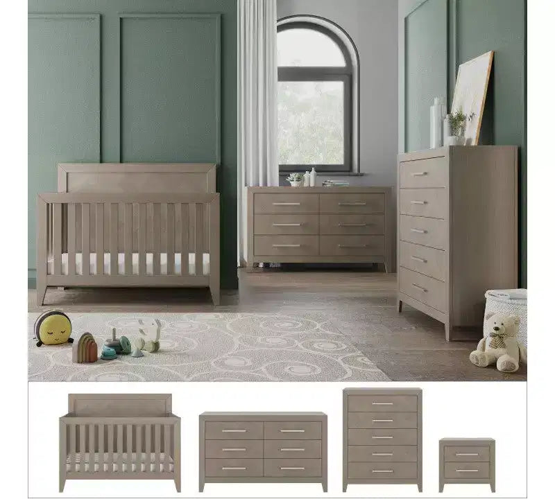 Set cameretta 4 pezzi: Culla convertibile 4-in-1, Comò doppio, Cassettiera e Comodino