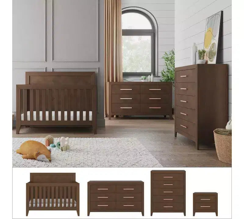 Child Craft Kieran 4-in-1 Convertible Crib, Double Dresser, Chest, and Nightstand 4-Piece Nursery Set