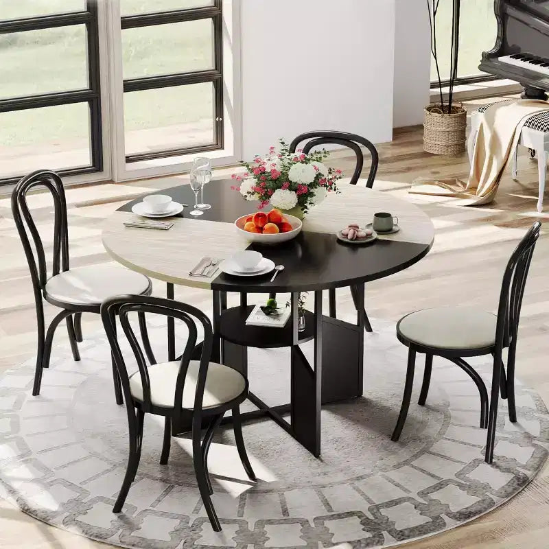 Tavolo da pranzo rotondo da 59 pollici in stile rustico per 4-6 persone, con piano in legno, piedini regolabili, base in metallo e finitura legno+nero, ideale per la sala da pranzo