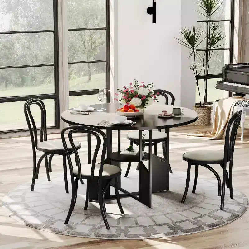 Tavolo da pranzo rotondo da 59 pollici in stile rustico per 4-6 persone, con piano in legno, piedini regolabili, base in metallo e finitura legno+nero, ideale per la sala da pranzo