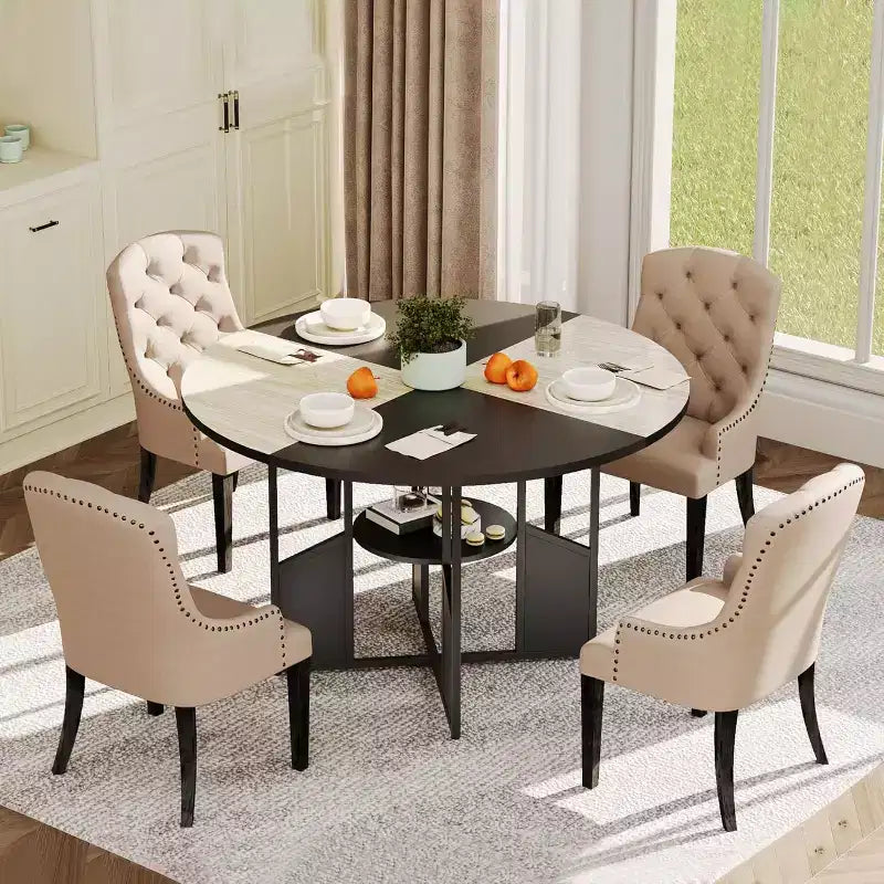 Tavolo da pranzo rotondo da 59 pollici in stile rustico per 4-6 persone, con piano in legno, piedini regolabili, base in metallo e finitura legno+nero, ideale per la sala da pranzo