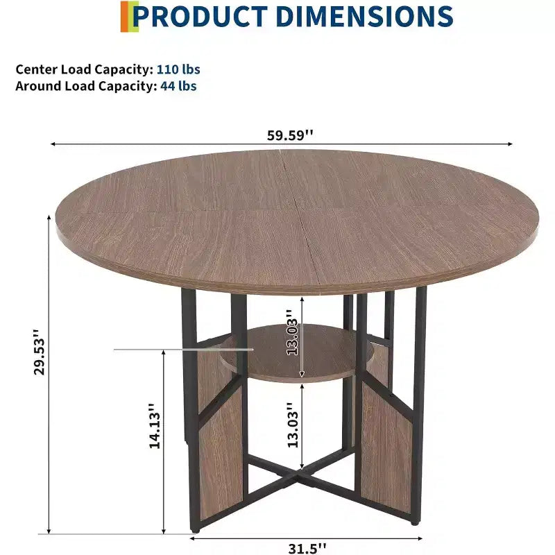 Tavolo da pranzo rotondo da 59 pollici in stile rustico per 4-6 persone, con piano in legno, piedini regolabili, base in metallo e finitura legno+nero, ideale per la sala da pranzo