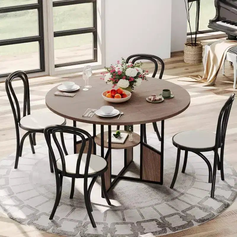 Tavolo da pranzo rotondo da 59 pollici in stile rustico per 4-6 persone, con piano in legno, piedini regolabili, base in metallo e finitura legno+nero, ideale per la sala da pranzo