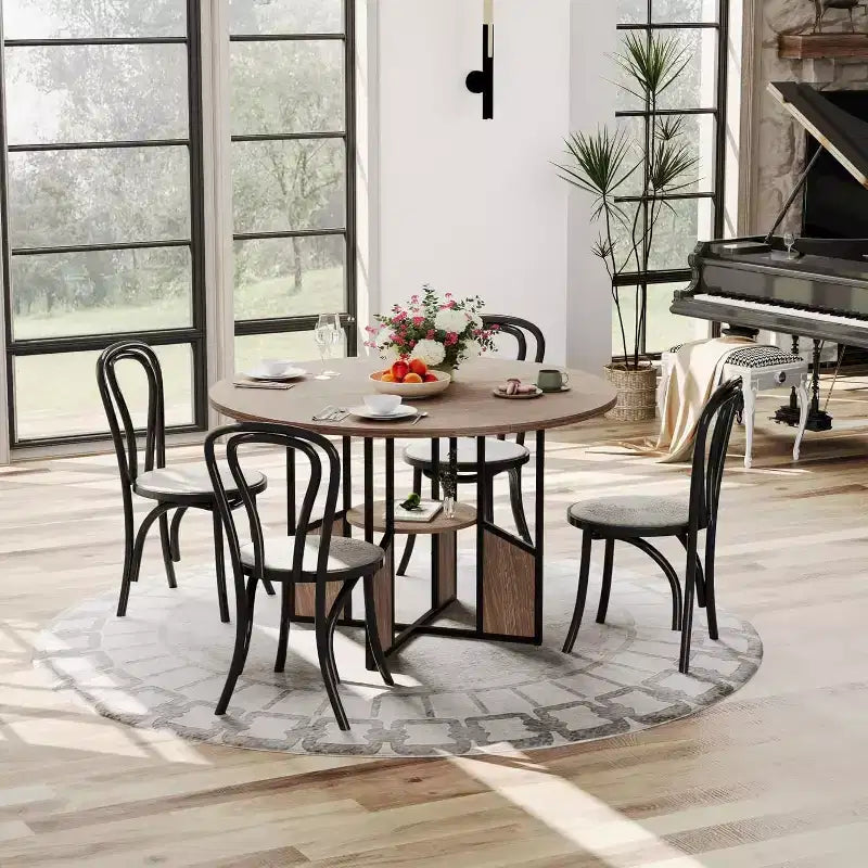 Tavolo da pranzo rotondo da 59 pollici in stile rustico per 4-6 persone, con piano in legno, piedini regolabili, base in metallo e finitura legno+nero, ideale per la sala da pranzo