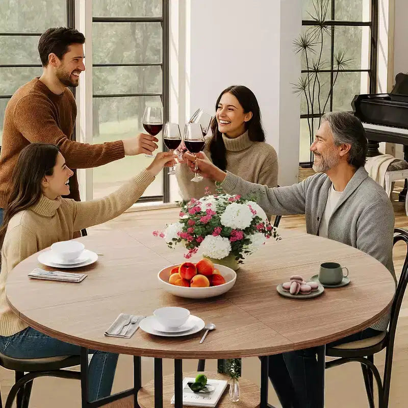 Tavolo da pranzo rotondo da 59 pollici in stile rustico per 4-6 persone, con piano in legno, piedini regolabili, base in metallo e finitura legno+nero, ideale per la sala da pranzo