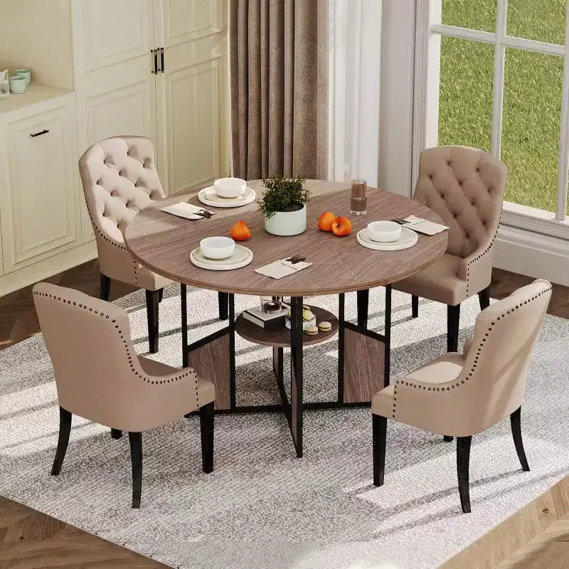 Tavolo da pranzo rotondo da 59 pollici in stile rustico per 4-6 persone, con piano in legno, piedini regolabili, base in metallo e finitura legno+nero, ideale per la sala da pranzo