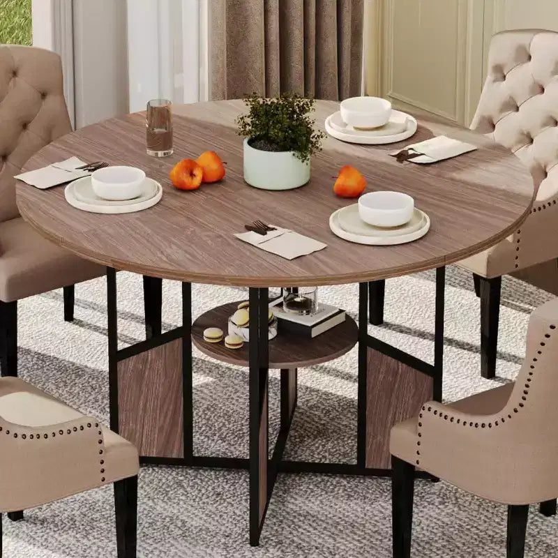 59-Inch Round Farmhouse Dining Table for 46  Wood-Top Kitchen Table with Adjustable Feet, Metal Base, and Wood+Black Finish, Ideal for Dining Room