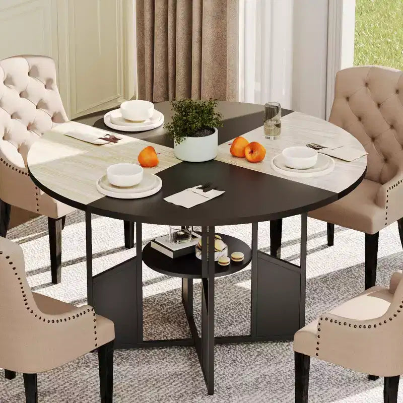 Tavolo da pranzo rotondo da 59 pollici in stile rustico per 4-6 persone, con piano in legno, piedini regolabili, base in metallo e finitura legno+nero, ideale per la sala da pranzo