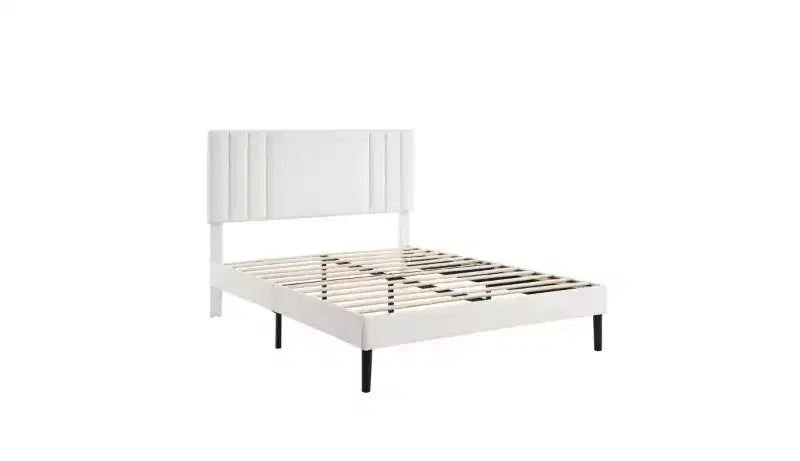 Modern King Size Platform Bed Frame con testiera rivestita in PU e supporto a doghe in legno