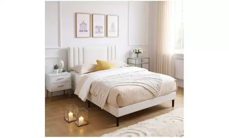 Modern King Size Platform Bed Frame con testiera rivestita in PU e supporto a doghe in legno