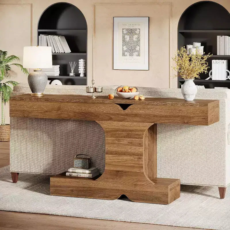 Consolle moderna Lantine, tavolo da divano lungo 63 pollici dietro il divano, tavolo d'ingresso in legno per corridoio, ingresso, soggiorno, noce