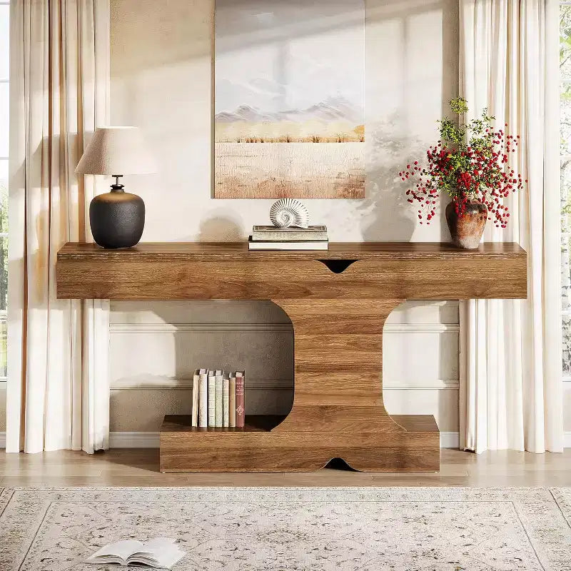 Consolle moderna Lantine, tavolo da divano lungo 63 pollici dietro il divano, tavolo d'ingresso in legno per corridoio, ingresso, soggiorno, noce