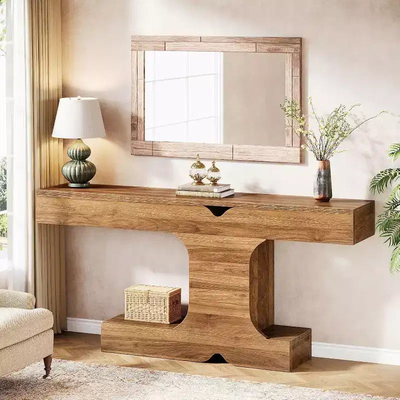 Consolle moderna Lantine, tavolo da divano lungo 63 pollici dietro il divano, tavolo d'ingresso in legno per corridoio, ingresso, soggiorno, noce