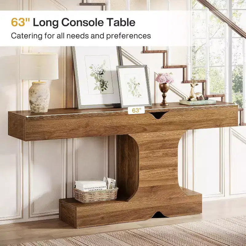 Consolle moderna Lantine, tavolo da divano lungo 63 pollici dietro il divano, tavolo d'ingresso in legno per corridoio, ingresso, soggiorno, noce