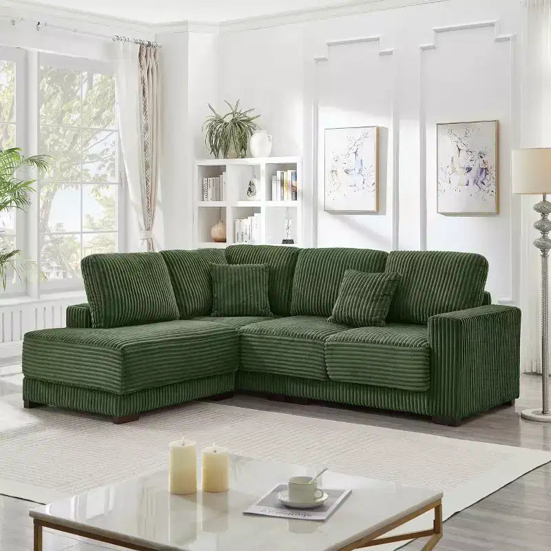 Divano sezionale a L da 93" con chaise longue reversibile, morbido rivestimento in velluto a coste, verde