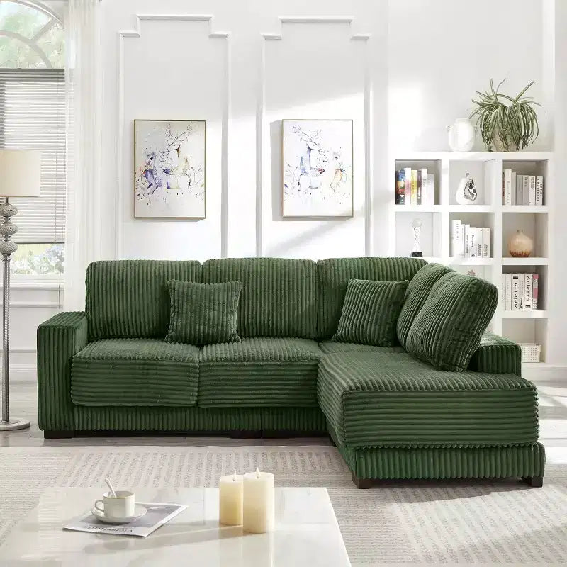 Divano sezionale a L da 93" con chaise longue reversibile, morbido rivestimento in velluto a coste, verde