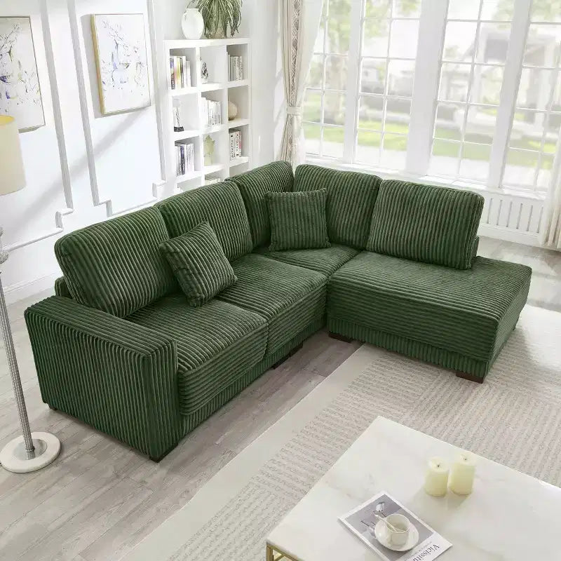 Divano sezionale a L da 93" con chaise longue reversibile, morbido rivestimento in velluto a coste, verde