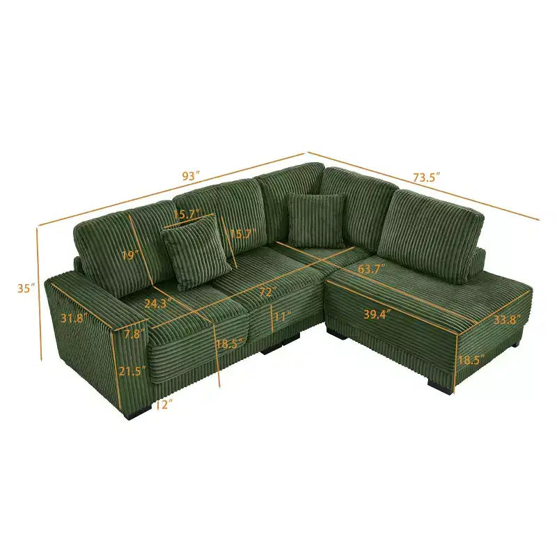 Divano sezionale a L da 93" con chaise longue reversibile, morbido rivestimento in velluto a coste, verde