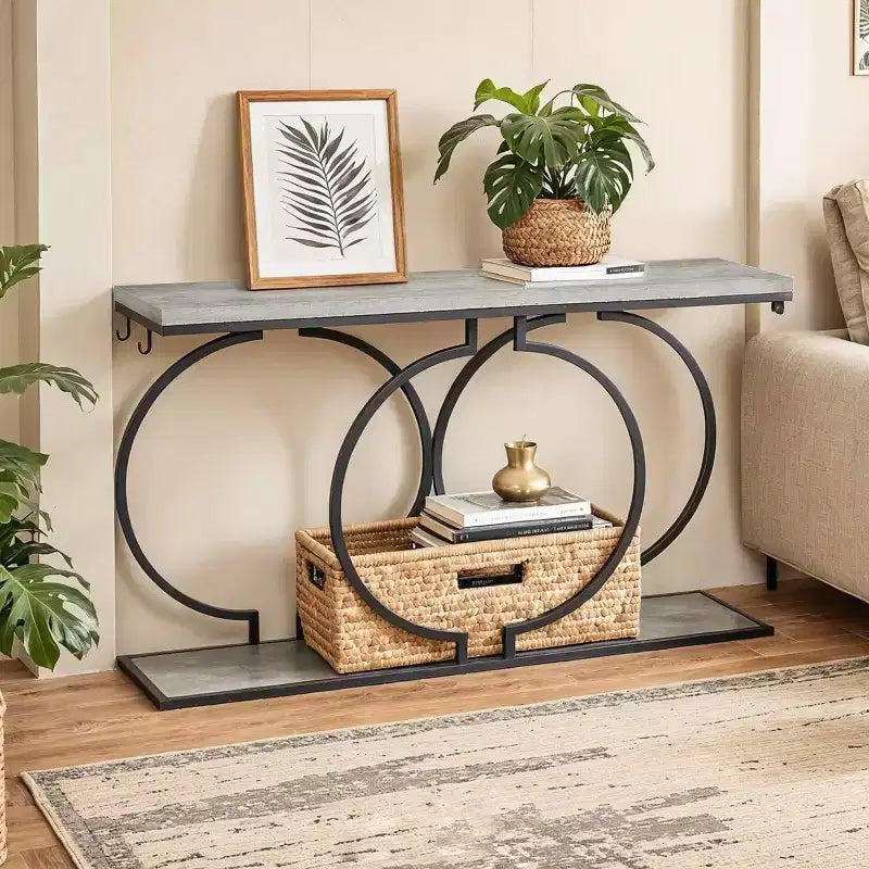 Consolle da 140 cm con ganci, tavolino da ingresso grigio con ripiano portaoggetti