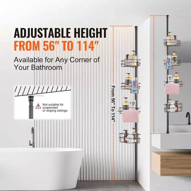 Piantana angolare doccia a 4 ripiani regolabile 142-290 cm in metallo antiruggine, Organizer da bagno