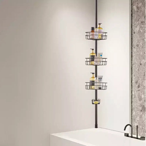 Organizzatore da bagno a palo a tensione ad angolo per doccia a 3 ripiani, regolabile da 99 a 317 cm, resistente alla ruggine