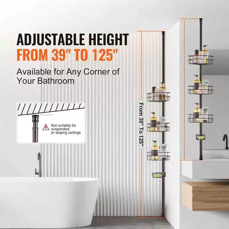 Organizzatore da bagno a palo a tensione ad angolo per doccia a 3 ripiani, regolabile da 99 a 317 cm, resistente alla ruggine