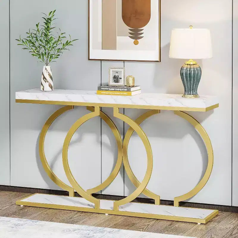 Tribesigns 55-Inch Gold Console Table, Modern Entryway Table with Geometric Metal Frame, Faux Marble Sofa Table for Living Room, Entrance, Hallway