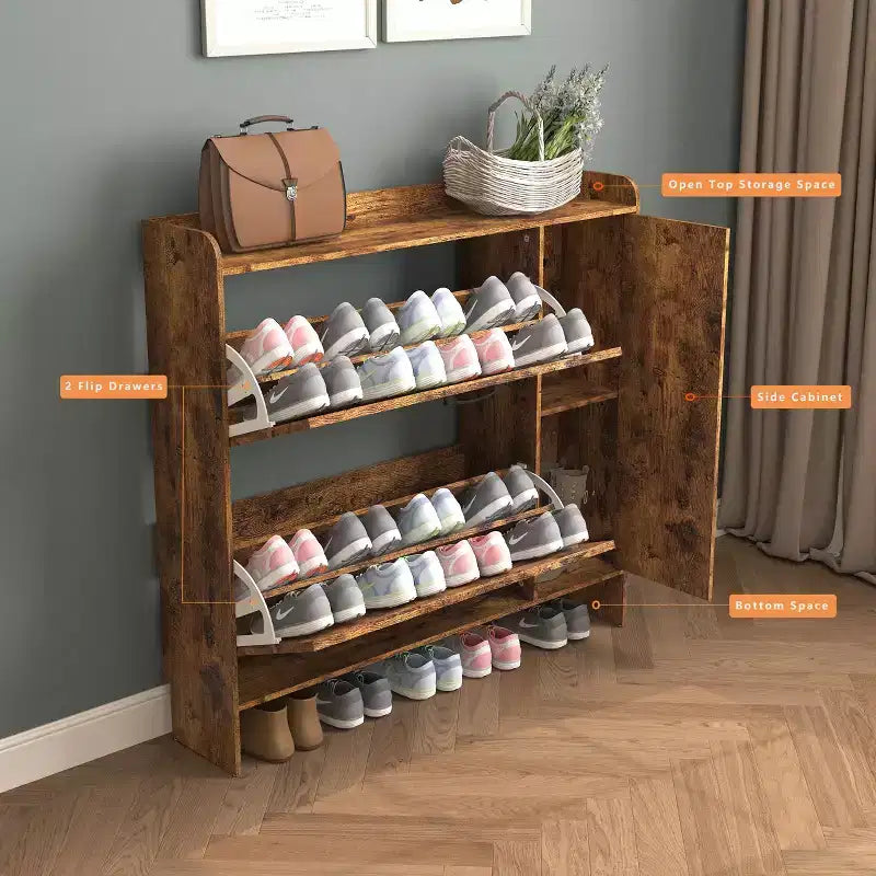 VIYET 41 Mobile portascarpe rustico marrone - MDF, 2 cassetti a ribalta e ante a specchio, portaoggetti stretto da ingresso, personalizzabile