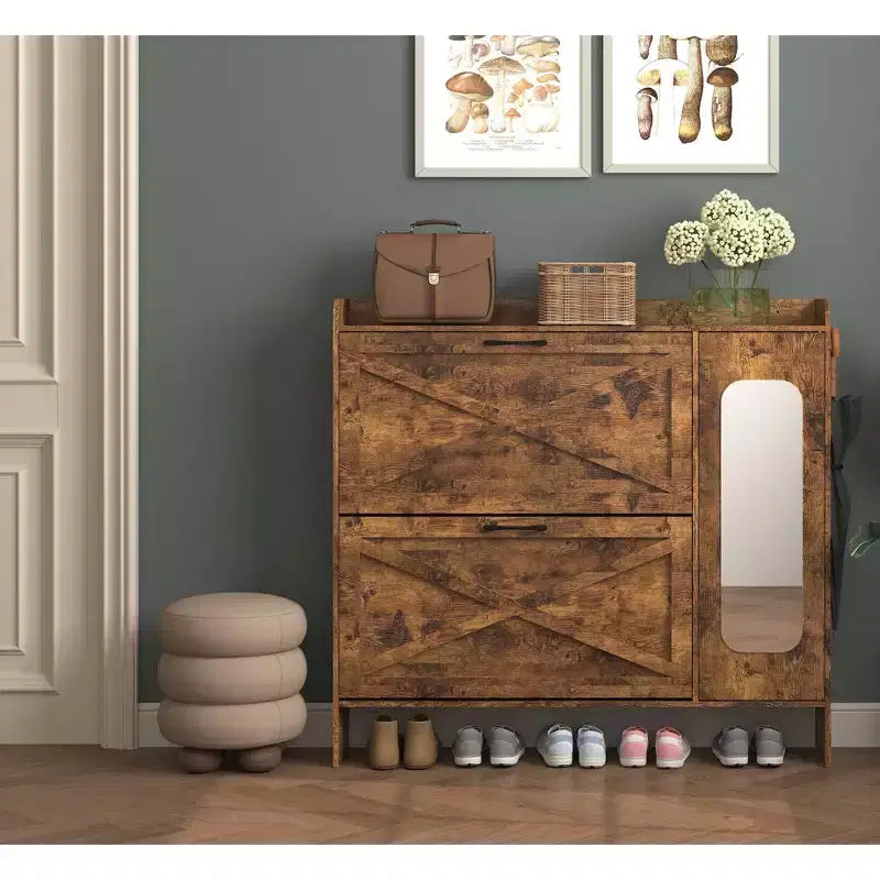 VIYET 41 Mobile portascarpe rustico marrone - MDF, 2 cassetti a ribalta e ante a specchio, portaoggetti stretto da ingresso, personalizzabile