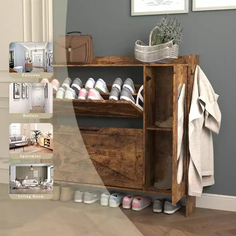 VIYET 41 Mobile portascarpe rustico marrone - MDF, 2 cassetti a ribalta e ante a specchio, portaoggetti stretto da ingresso, personalizzabile