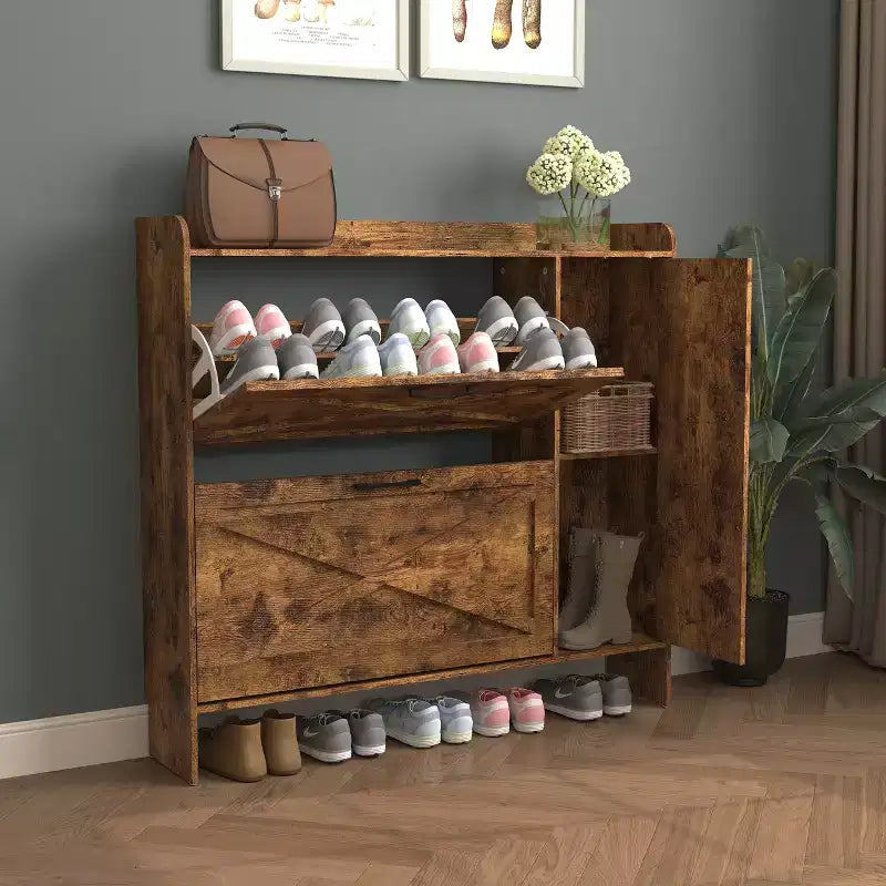 VIYET 41 Mobile portascarpe rustico marrone - MDF, 2 cassetti a ribalta e ante a specchio, portaoggetti stretto da ingresso, personalizzabile
