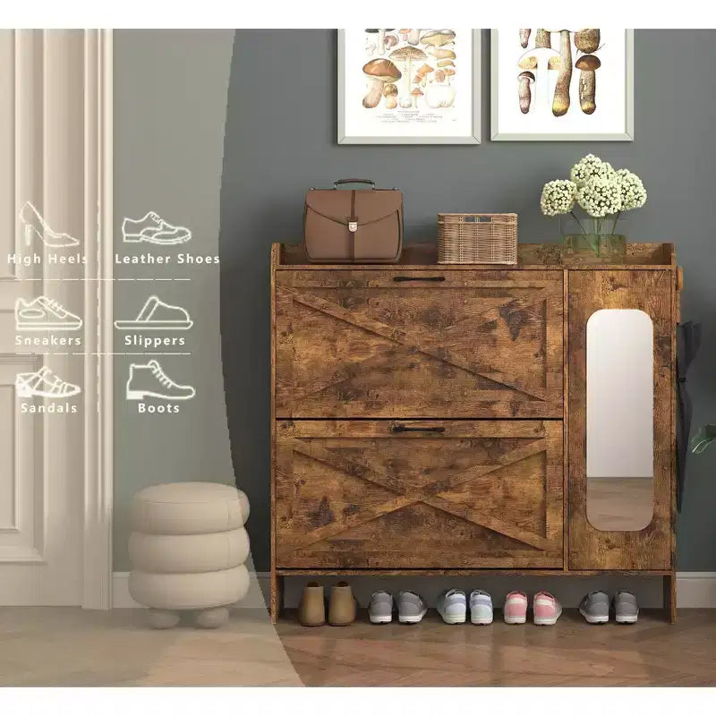 VIYET 41 Mobile portascarpe rustico marrone - MDF, 2 cassetti a ribalta e ante a specchio, portaoggetti stretto da ingresso, personalizzabile