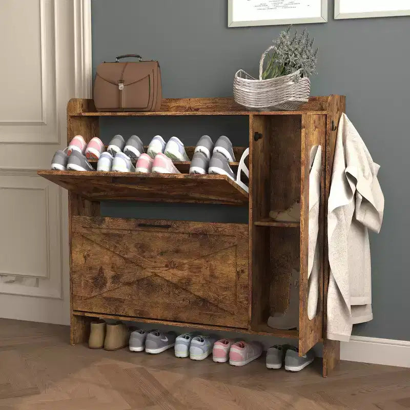 VIYET 41 Mobile portascarpe rustico marrone - MDF, 2 cassetti a ribalta e ante a specchio, portaoggetti stretto da ingresso, personalizzabile