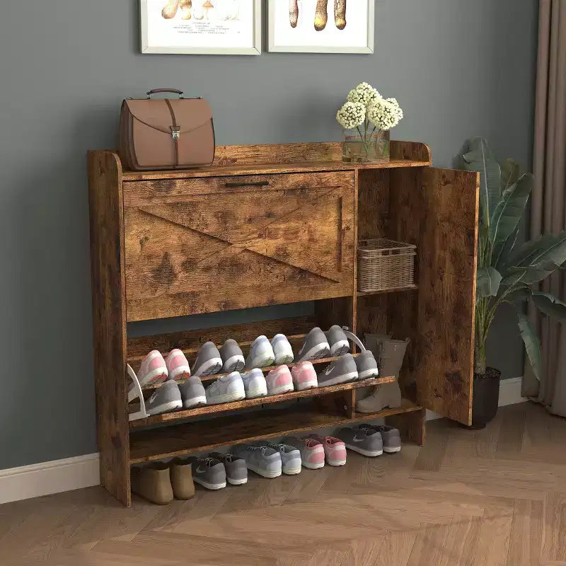 VIYET 41 Mobile portascarpe rustico marrone - MDF, 2 cassetti a ribalta e ante a specchio, portaoggetti stretto da ingresso, personalizzabile