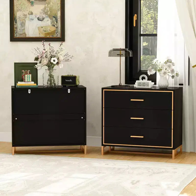 Comodino moderno nero e oro, telaio aperto in metallo, comodino con 3 cassetti, 80 cm (lunghezza) x 40 cm (larghezza)