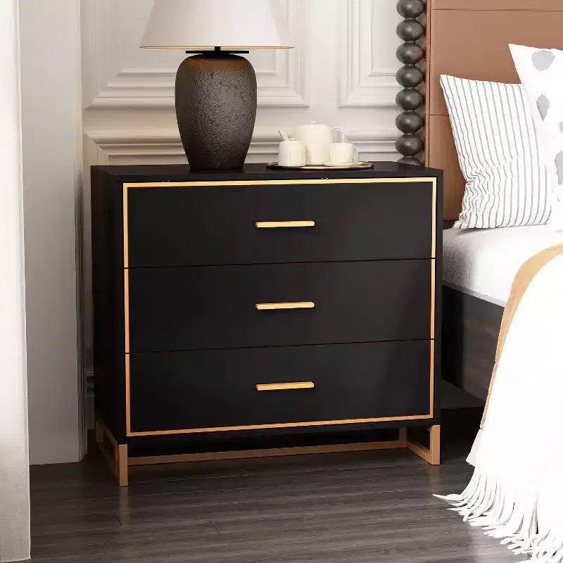 Comodino moderno nero e oro, telaio aperto in metallo, comodino con 3 cassetti, 80 cm (lunghezza) x 40 cm (larghezza)