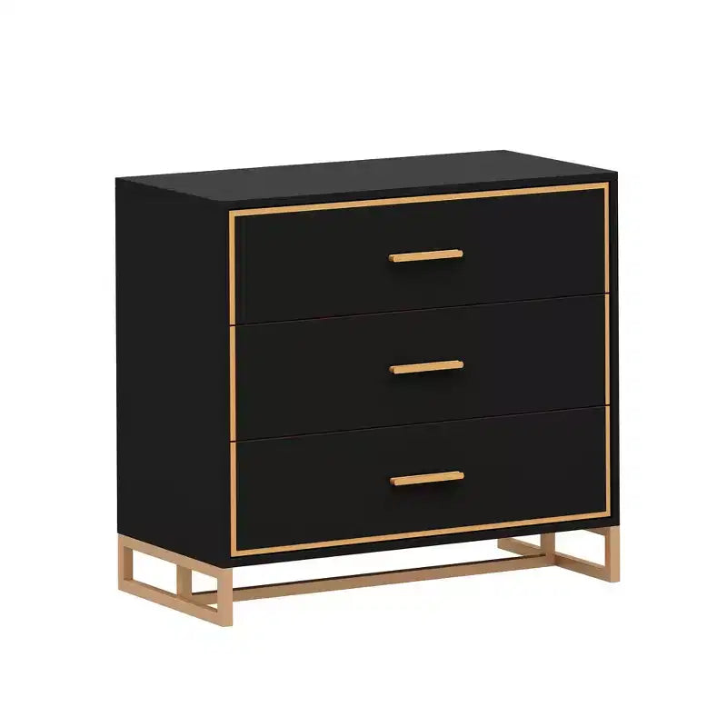 Comodino moderno nero e oro, telaio aperto in metallo, comodino con 3 cassetti, 80 cm (lunghezza) x 40 cm (larghezza)