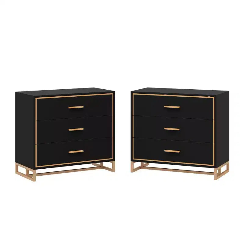 Comodino moderno nero e oro, telaio aperto in metallo, comodino con 3 cassetti, 80 cm (lunghezza) x 40 cm (larghezza)