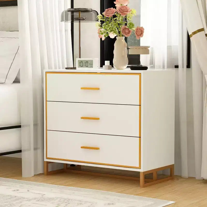 Comodino moderno nero e oro, telaio aperto in metallo, comodino con 3 cassetti, 80 cm (lunghezza) x 40 cm (larghezza)
